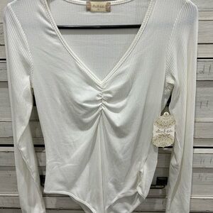 Altar'd State Ivory Ribbed V-Neck Bodysuit